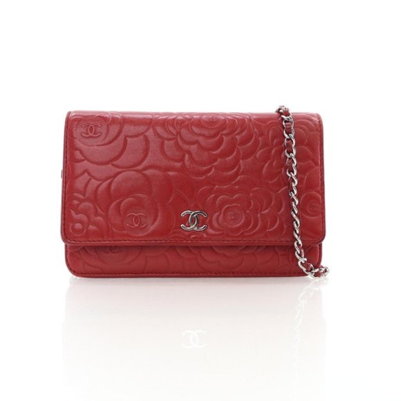 Chanel Red Lambskin Camellia Embossed Wallet On Chain (WOC) - Picture 1 of 14